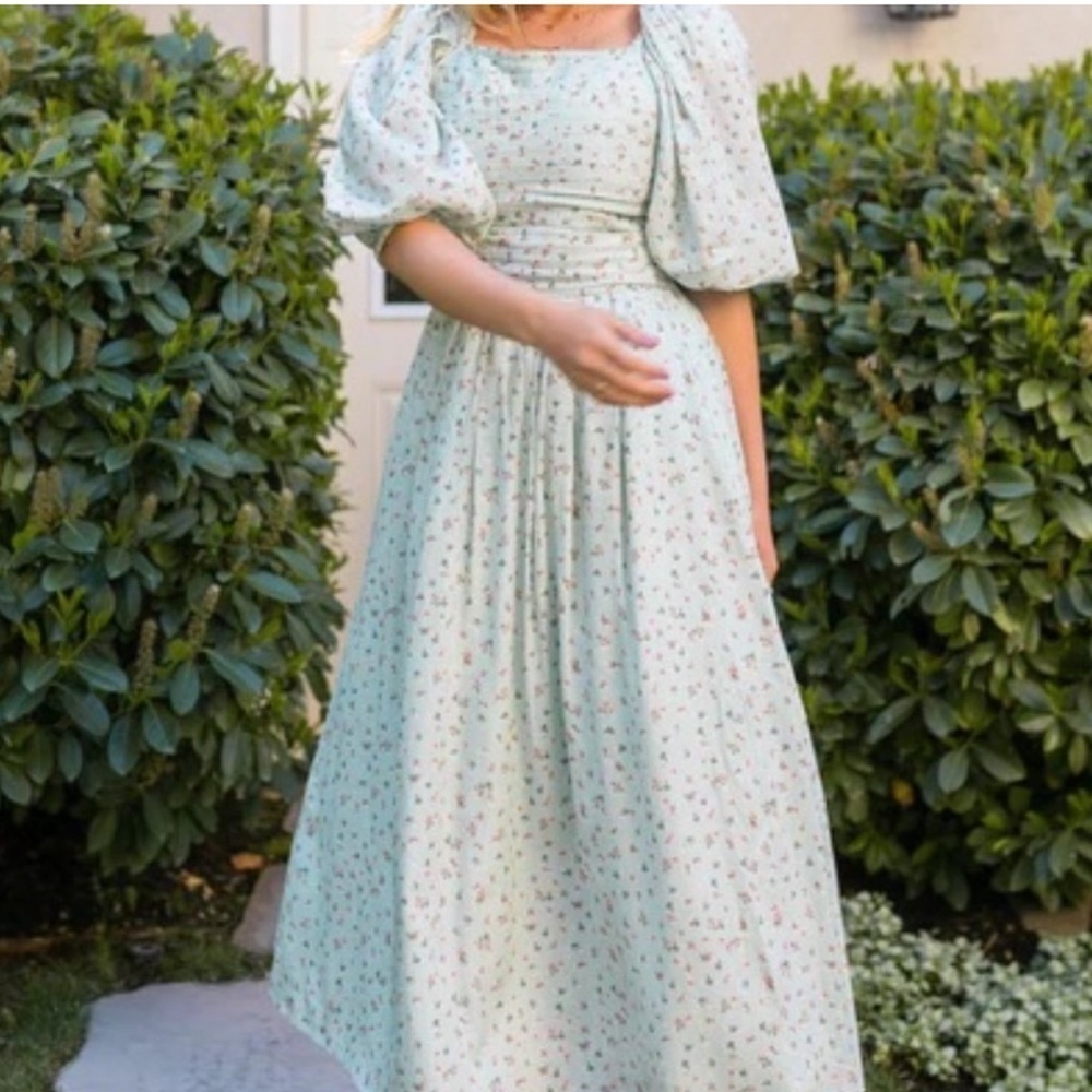 IVY CITY CO. Hazel Midi in Green Floral Smocked
Puff Sleeve Dress Size Small